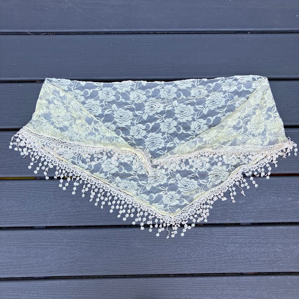 Cream floral sheer mesh tassel fringe scarf shawl, romantic whimsigoth Y2K boho